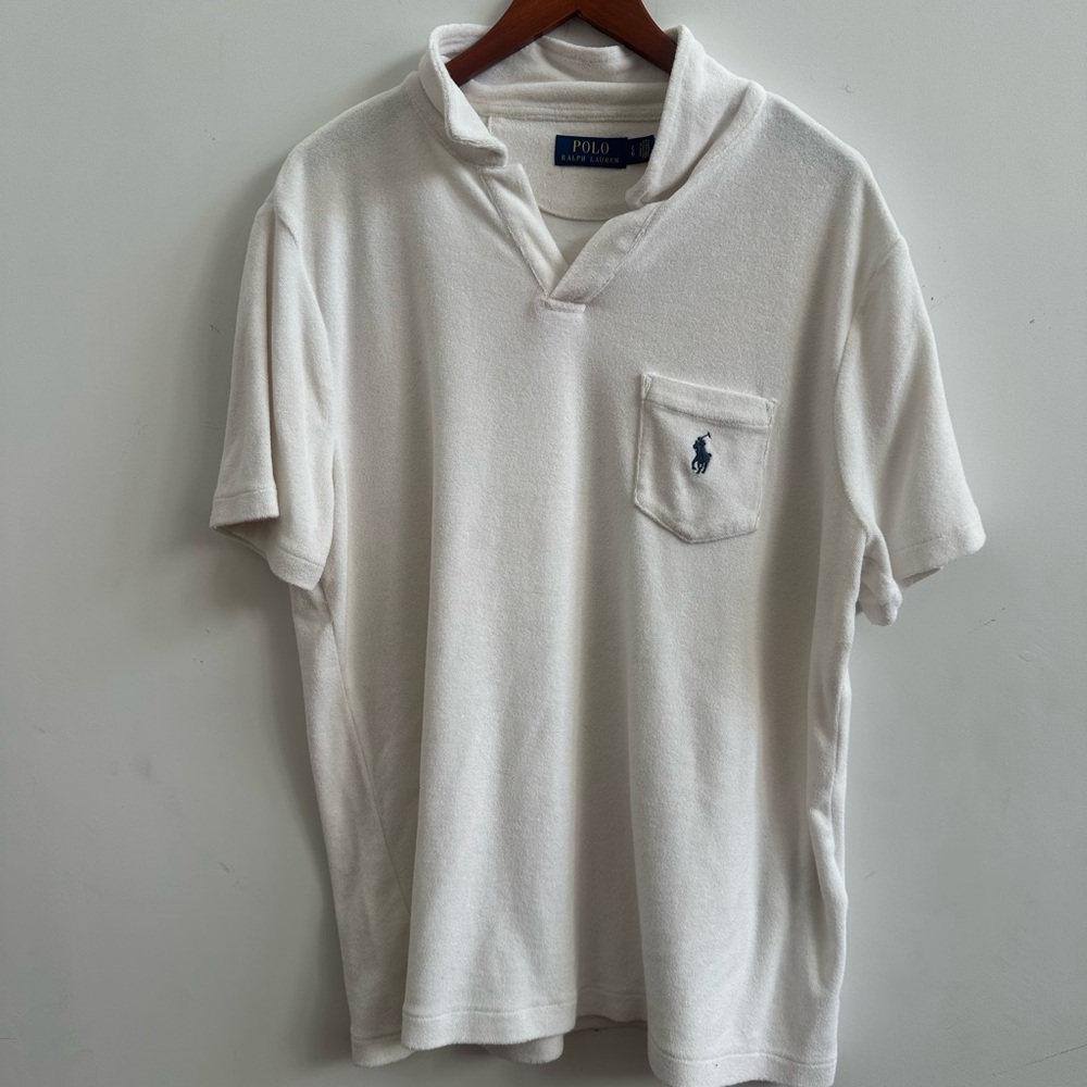 Ralph Lauren Terry cloth White Short-Sleeve Polo with Pocket and Navy Pony